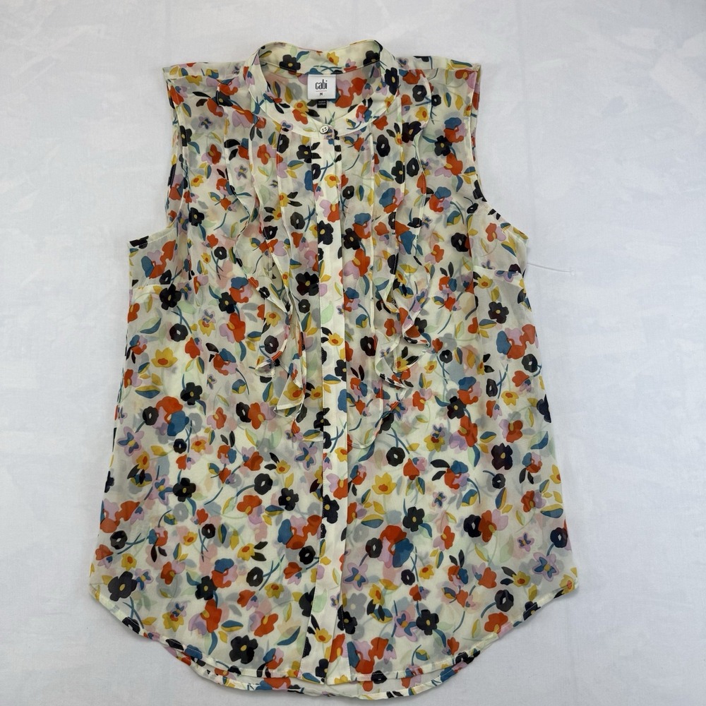 Cabi Penelope Top Size Medium Stripe Floral Print Keyhole Sleeveless Blouse Boho